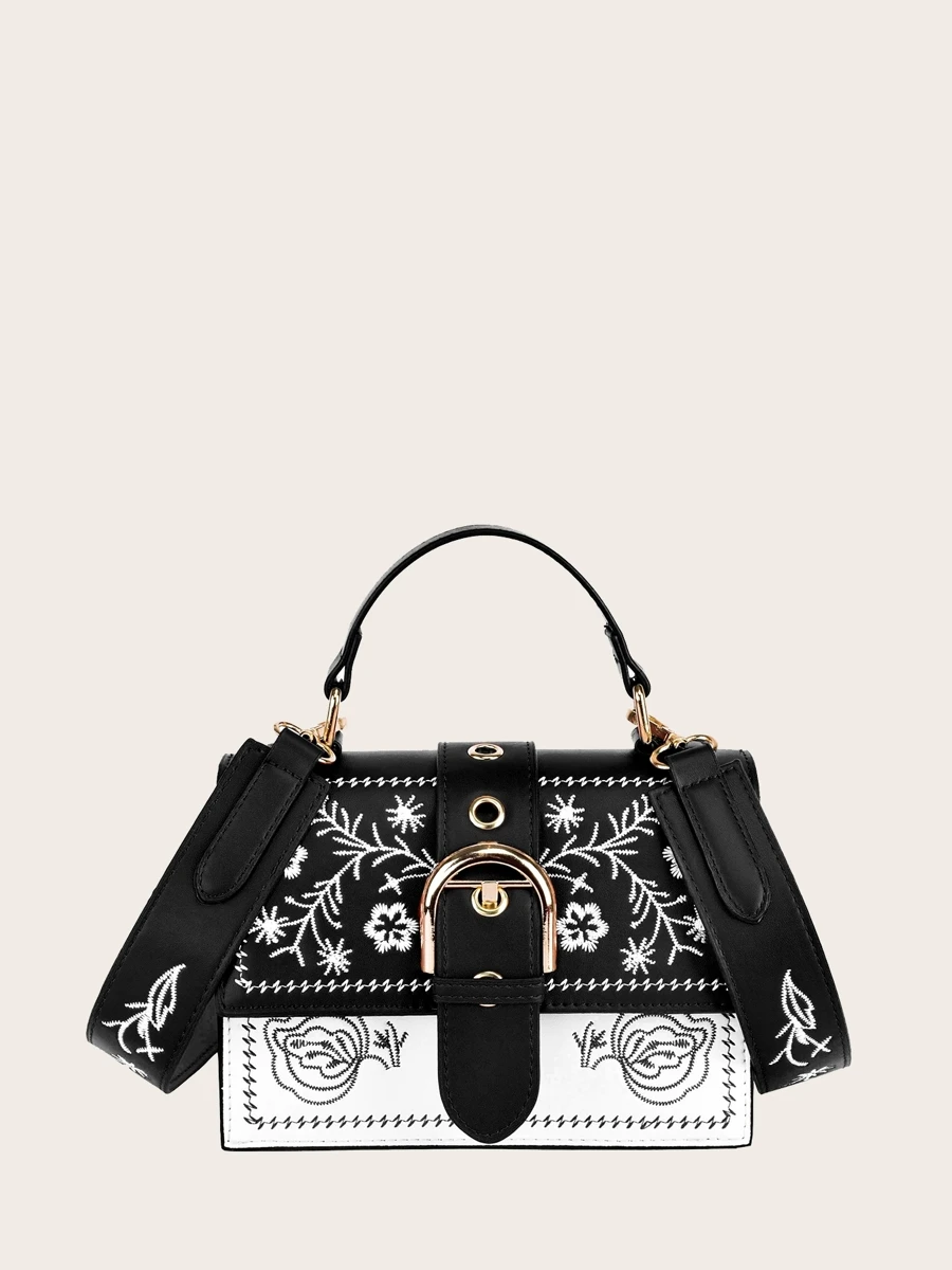 時尚刺繡設計女用手提包大容量，也可用作背包 - 黑與白 - 查看 1