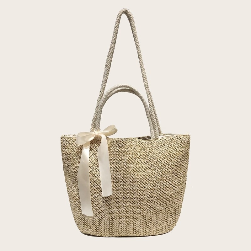 

Bow Decor Woven Tote Bag, Khaki