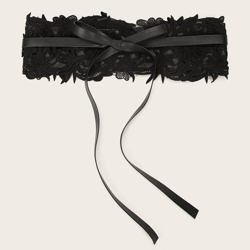 

Lace Applique Overlay Self Tie Belt, Black