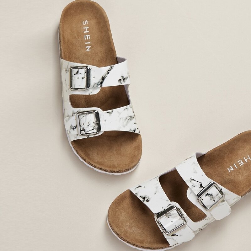 Marble Double Buckle Footbed Slide Sandals, White