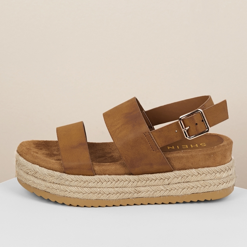 

Double Band Buckle Slingback Jute Flatform Sandals, Brown