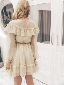 Simplee Plunging Neck Lantern Sleeve Ruffle Dress - Beige - View 2