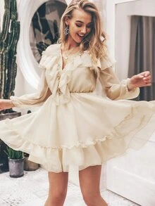 Simplee Plunging Neck Lantern Sleeve Ruffle Dress - Beige - View 3