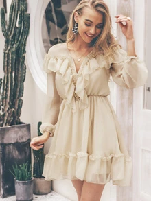 Simplee Plunging Neck Lantern Sleeve Ruffle Dress - Beige - View 5