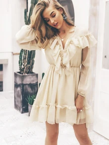 Simplee Plunging Neck Lantern Sleeve Ruffle Dress - Beige - View 1