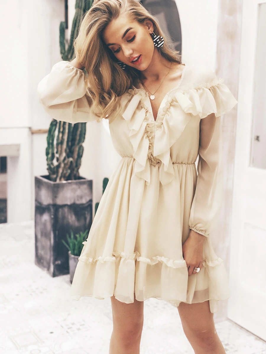 Simplee Plunging Neck Lantern Sleeve Ruffle Dress - Beige - View 1