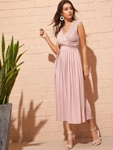 SHEIN Criss-cross Wrap Lace Bodice Pleated Dress - Baby Pink - View 3