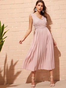 SHEIN Criss-cross Wrap Lace Bodice Pleated Dress - Baby Pink - View 1