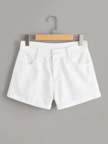Pocket And Button Detail Solid Denim Shorts - White - View 1