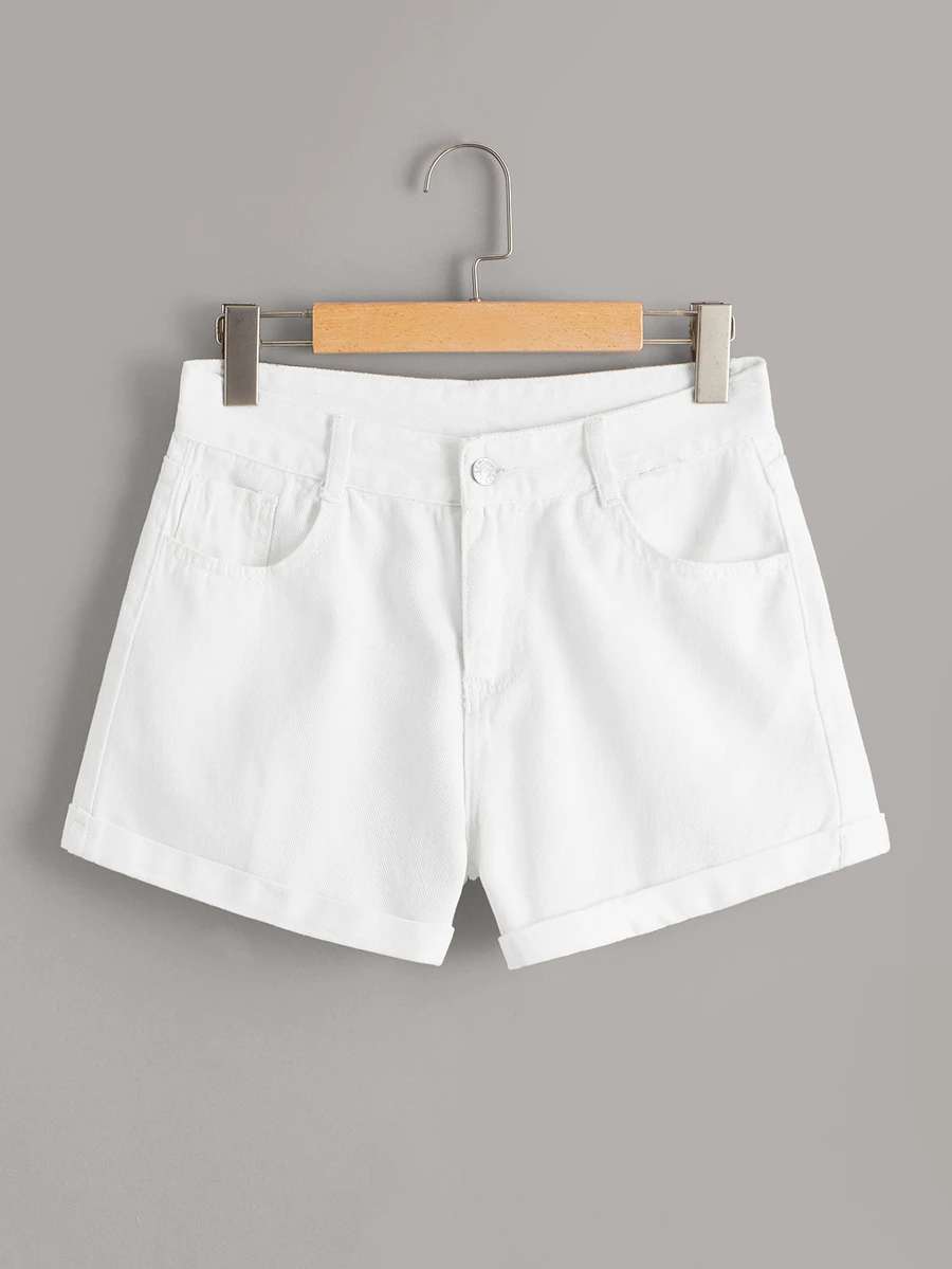 Pocket And Button Detail Solid Denim Shorts - White - View 1