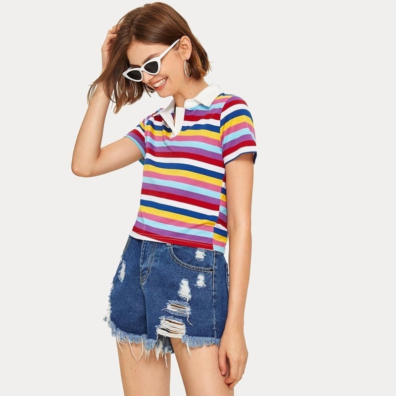 

Striped Polo Neck Tee, Multicolor