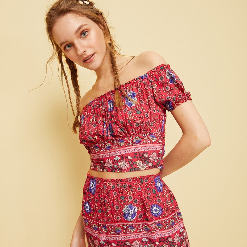 

Floral Print Off The Shoulder Top With Skirt, Multicolor