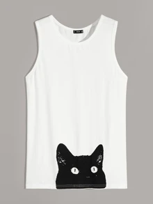 Manfinity Hypemode Men Cat Print Tank Top - White - View 1