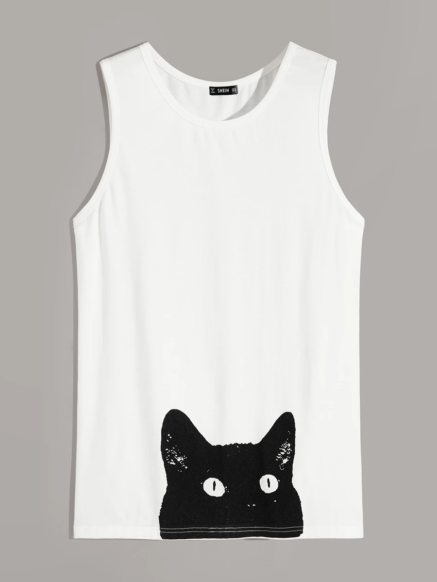 Manfinity Hypemode Men Cat Print Tank Top - White - View 1