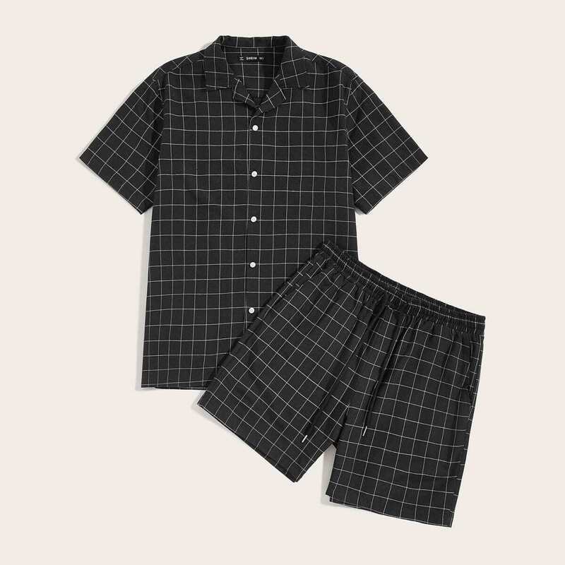 

Guys Button Up Notched Gris Shirt & Shorts Set, Black