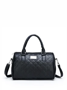 Quilted Detail Top Handle Bag - Black - View 1