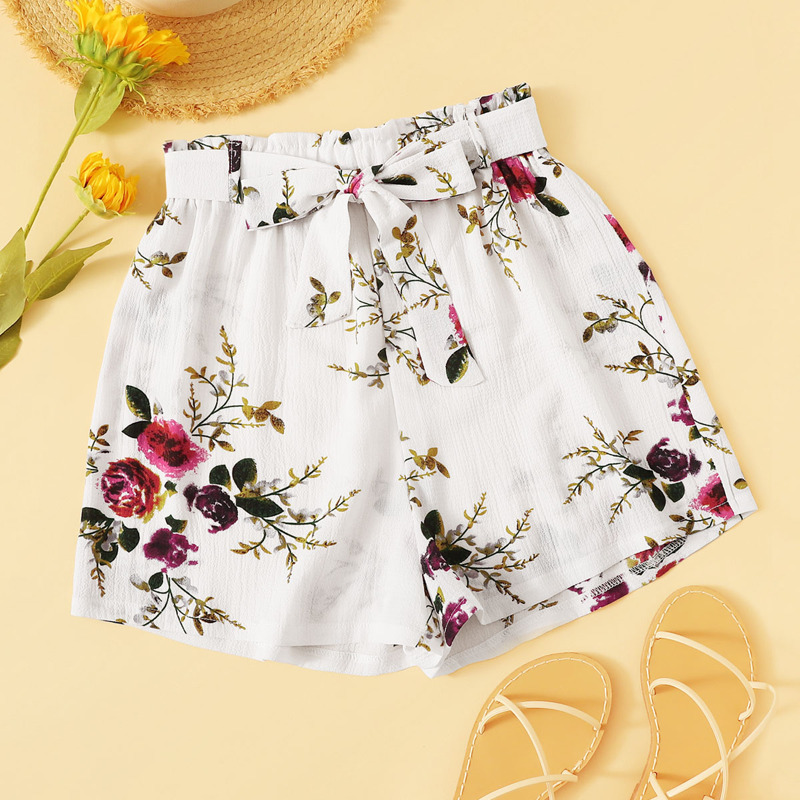 

Floral Print Belted Shorts, White
