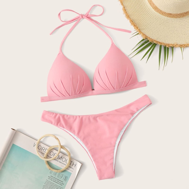 

Triangle Halter Top With High Leg Bikini Set, Pink pastel
