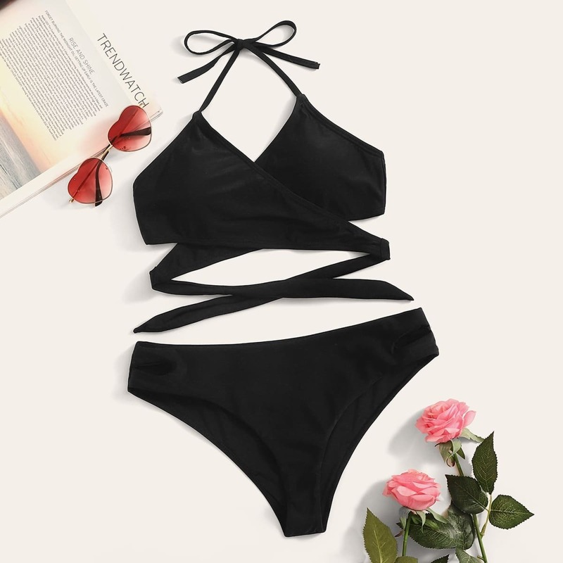 

Wrap Halter Top With Cut-out Bikini Set, Black