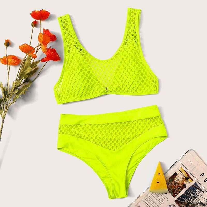 

Neon Lime Fishnet Panel Bikini Set, Green bright
