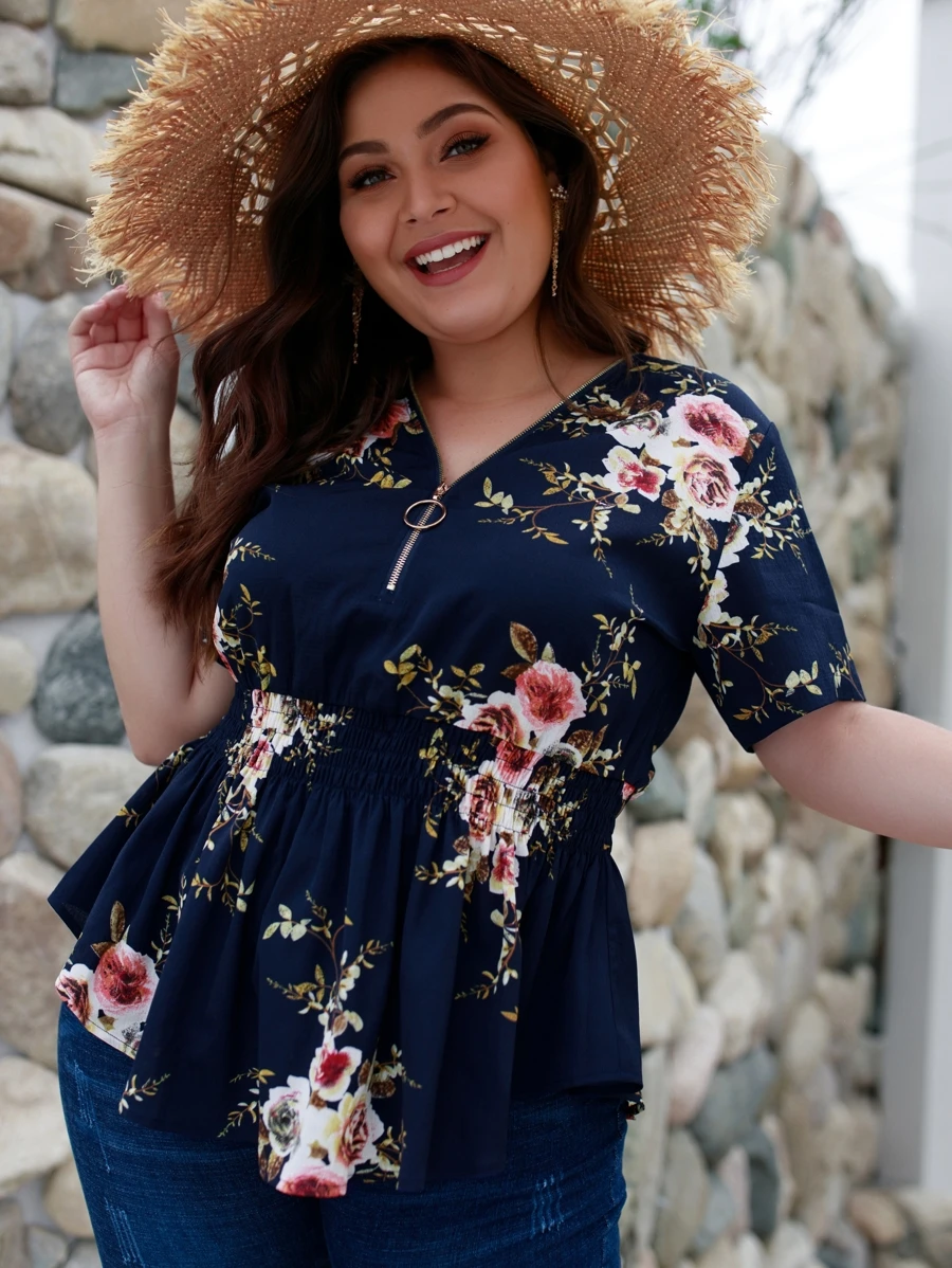 SHEIN LUNE Plus Zip Floral Print Shirred Blouse - Multicolor - View 1