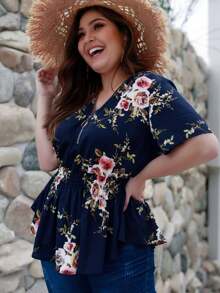 SHEIN LUNE Plus Zip Floral Print Shirred Blouse - Multicolor - View 4