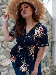 SHEIN LUNE Plus Zip Floral Print Shirred Blouse - Multicolor - View 6