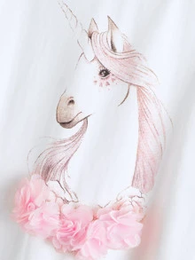 SHEIN Girls 3D Appliques Floral Unicorn Print Top - أبيض - مشاهدة 3