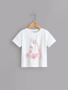 SHEIN Girls 3D Appliques Floral Unicorn Print Top - أبيض - مشاهدة 1