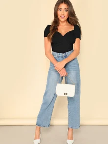 SHEIN BAE Puff Sleeve Wrap Sweetheart Bodysuit - Black - View 2