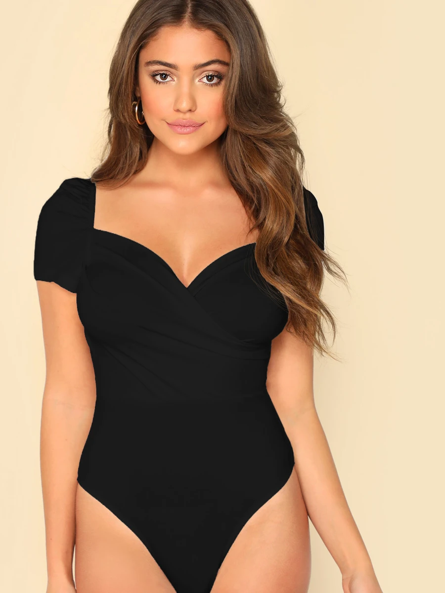 SHEIN BAE Puff Sleeve Wrap Sweetheart Bodysuit - Black - View 1