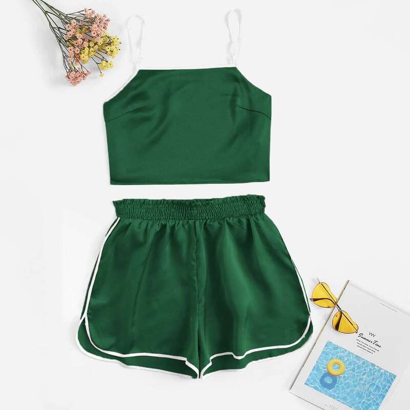 

Contrast Binding Satin Cami Top & Shorts Set, Green