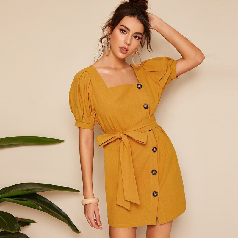 

Tortoise Button Through Belt Dress, Yellow