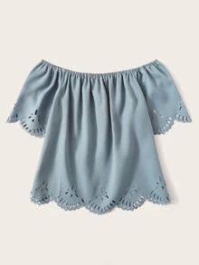 Laser Cut Scalloped Bardot Top - Dusty Blue - View 2