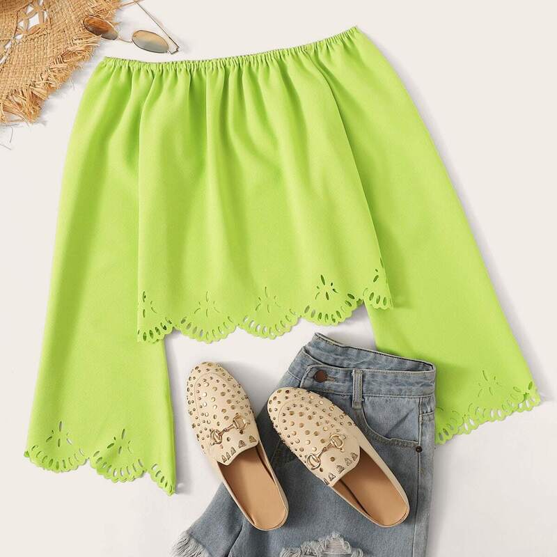 

Neon Green Laser Cut Off The Shoulder Blouse, Green bright