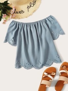 Laser Cut Scalloped Bardot Top - Dusty Blue - View 1