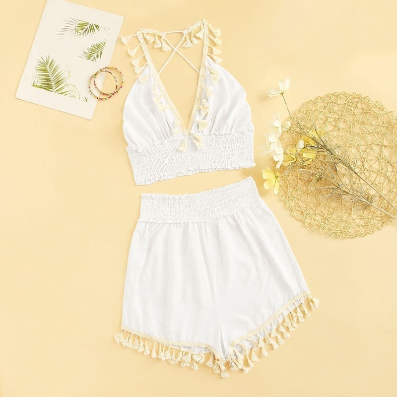 

Criss Cross Back Top With Fringe Detail Shorts, White