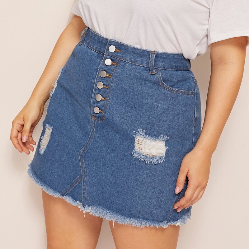 

Plus Raw Hem Ripped Denim Skirt, Blue