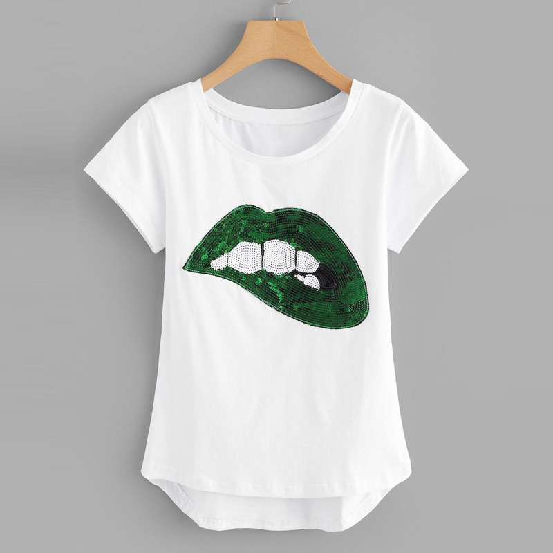 

Plus Dip Hem Lip Sequin Tee, White