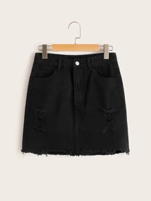 Falda mezclilla rota bajo crudo-grande - Negro - Ver 1