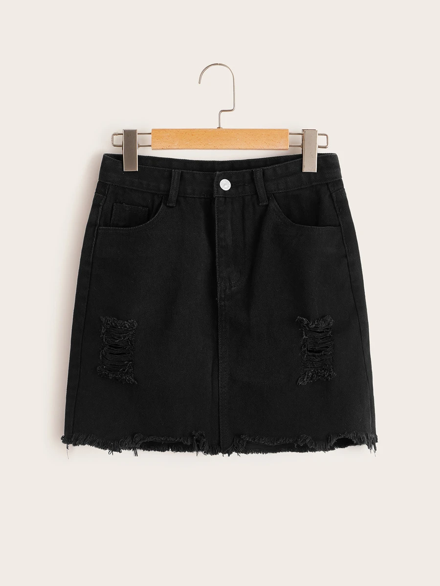 Falda mezclilla rota bajo crudo-grande - Negro - Ver 1