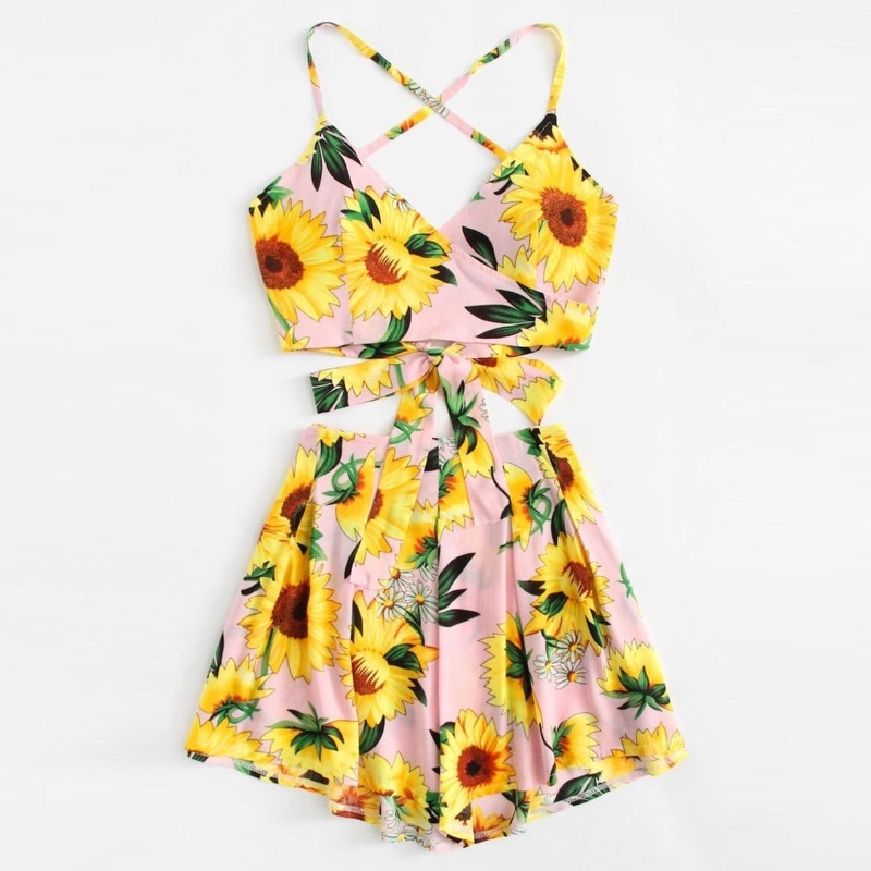 

Plus Tie Back Sunflower Print Cami Top & Shorts, Multicolor