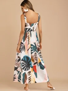 Tropical Leaf Print Buttoned Dress - Multicolor - View 2