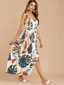 Tropical Leaf Print Buttoned Dress - Multicolor - View 3