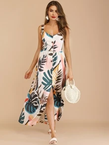 Tropical Leaf Print Buttoned Dress - Multicolor - View 5