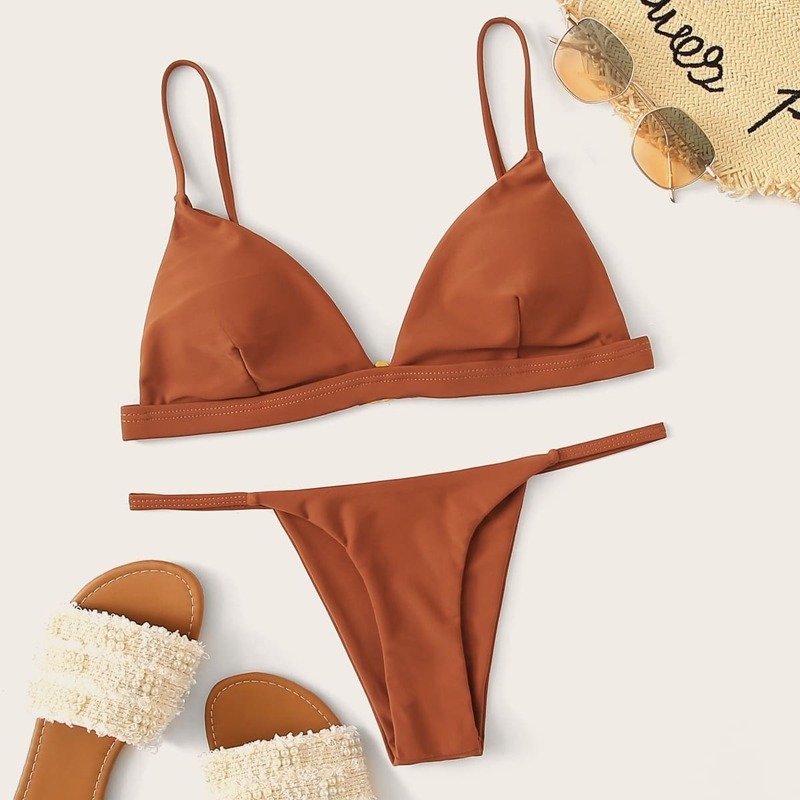 

Seam Triangle Top With Tanga Bikini Set, Brown