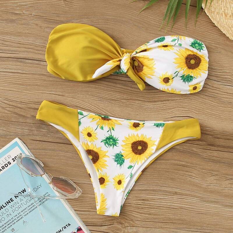 

Random Floral Knot Front Bandeau Bikini Set, Yellow bright