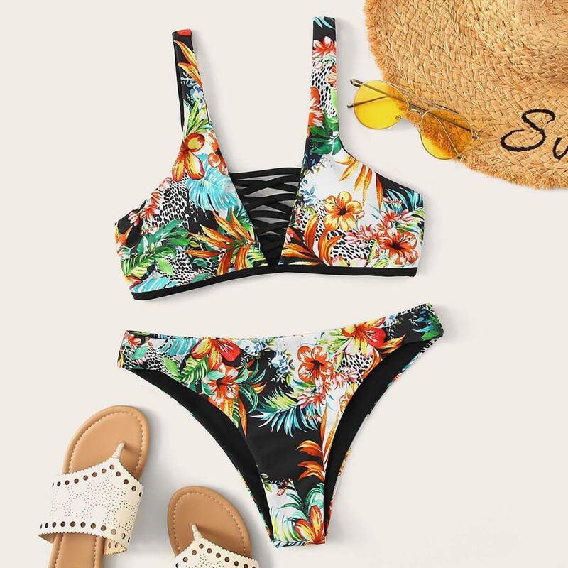 

Random Tropical Print Lattice Bikini Set, Multicolor
