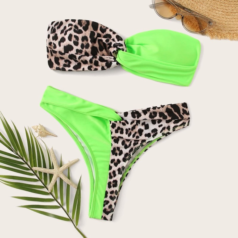 

Contrast Leopard Print Twist Bandeau Bikini Set, Multicolor bright
