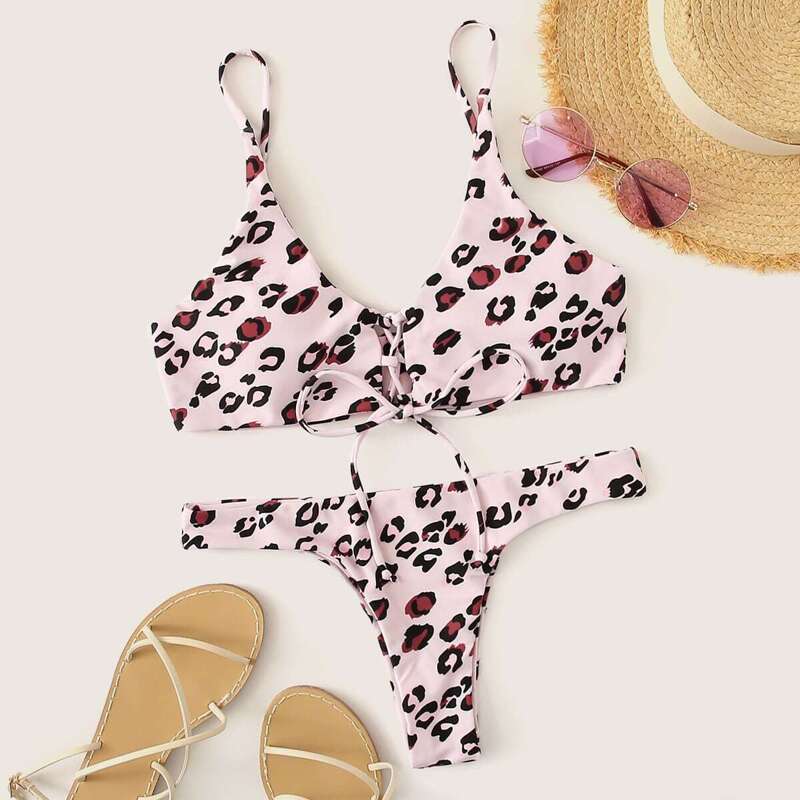 

Leopard Lace-up Top With Thong Bikini Set, Pink pastel